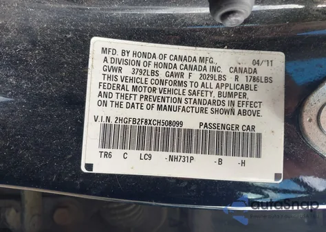 2012 Honda Civic Ex from USA, damaged, VIN 2HGFB2F8XCH508099